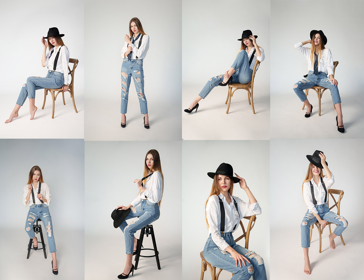 Portréfotók női modellről álló és ülő képek kollázsa